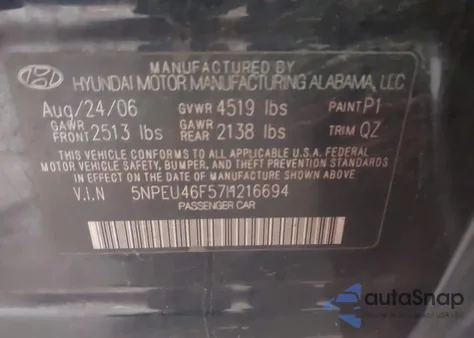 2007 Hyundai Sonata Limited/Se V6 from USA, damaged, VIN 5NPEU46F57H216694